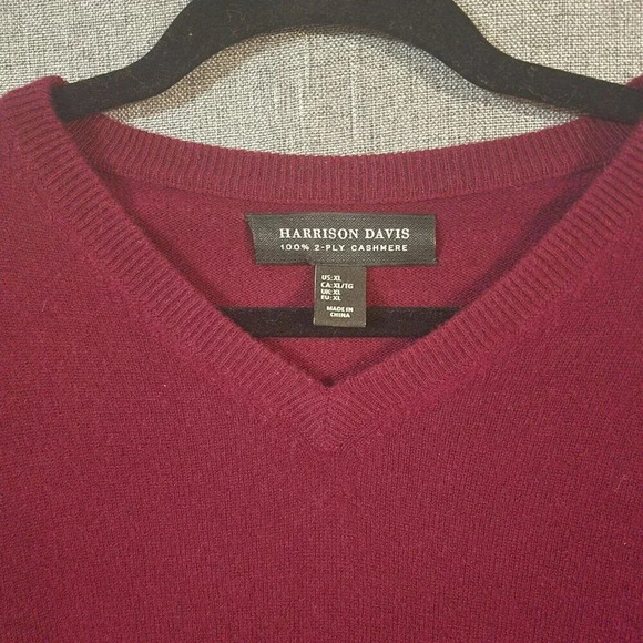 Harrison David Cashmere Sweater Men's Size XL Burgundy V-Neck Stretchy - Picture 2 of 5